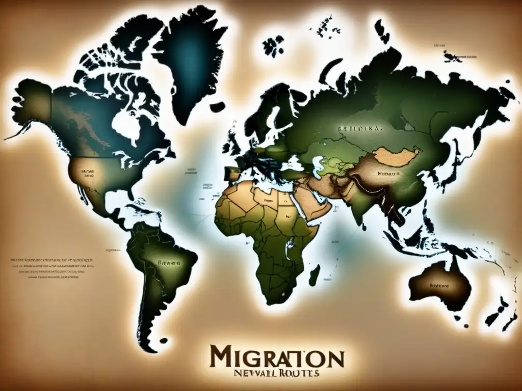 Un mapa vintage detallado con rutas migratorias y árboles genealógicos entrelazados, simbolizando conexiones culturales e históricas