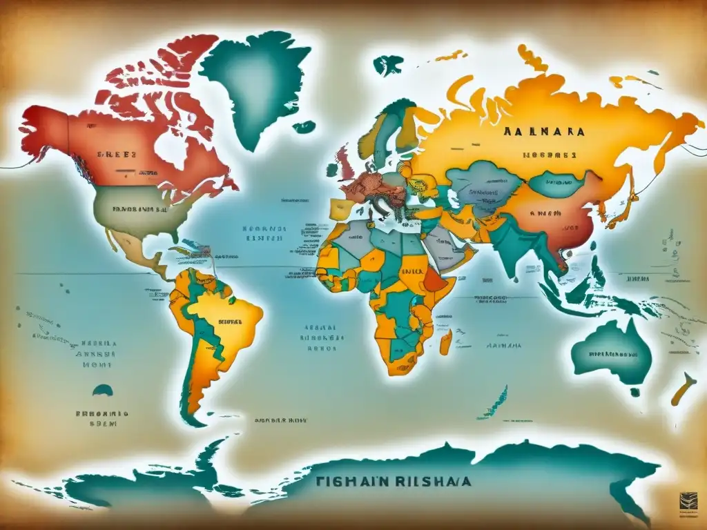 Mapa vintage detallado con rutas migratorias y apellidos familiares conectados, representando orígenes y migraciones ancestrales