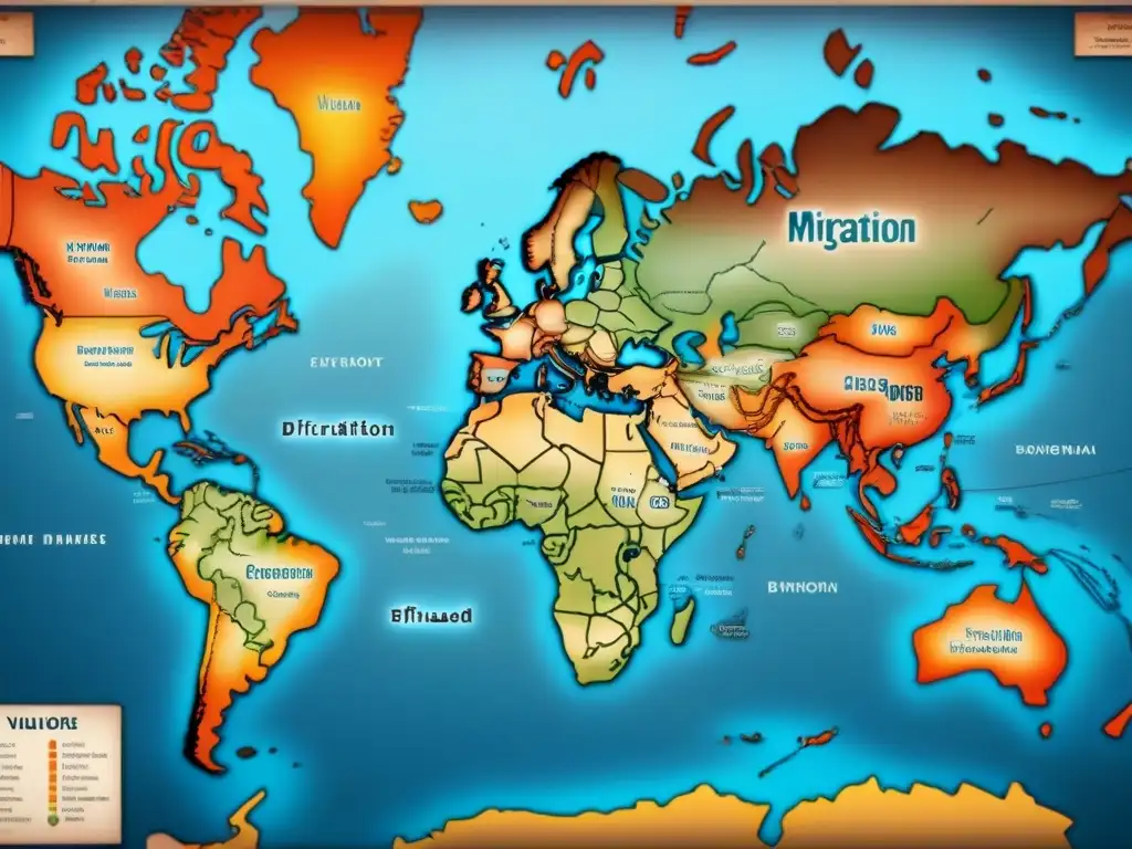 Mapa vintage detallado con rutas migratorias, apellidos y sellos de pasaporte, historia apellidos migraciones diversificación