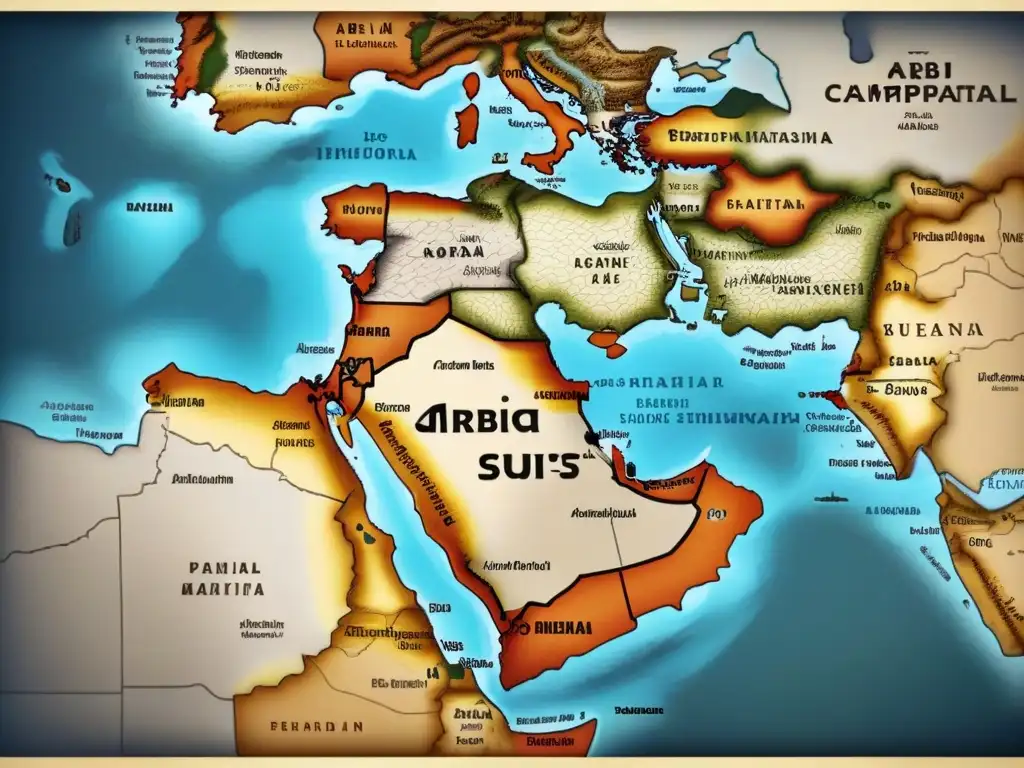 Mapa vintage detallado con rutas de migración árabe a la Península Ibérica, resaltando la caligrafía árabe y arquitectura tradicional