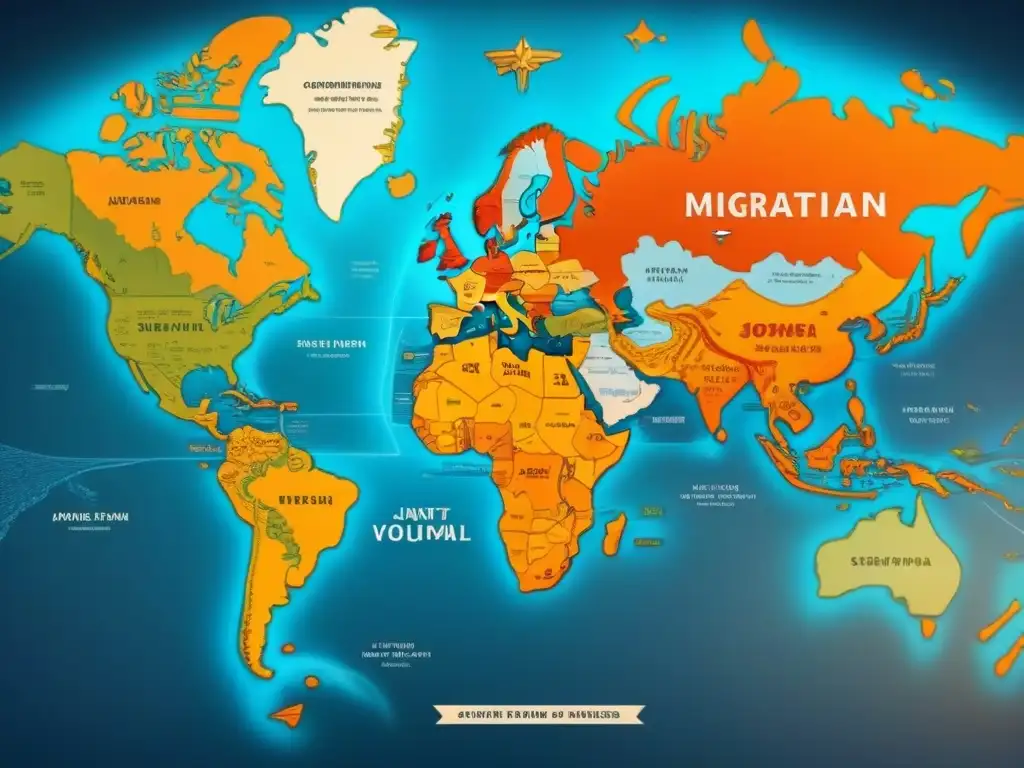 Mapa vintage detallado con rutas migratorias y símbolos culturales, entrelazando historias de apellidos y migraciones