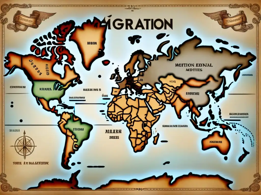 Mapa vintage detallado con rutas migratorias y eventos históricos de 'Origen y evolución de apellidos'