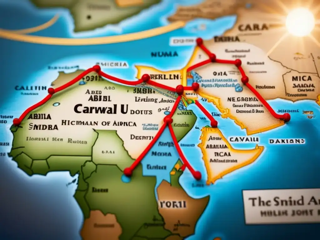 Mapa vintage detallado de rutas comerciales entre África y la Península Arábiga, resaltando intercambios culturales