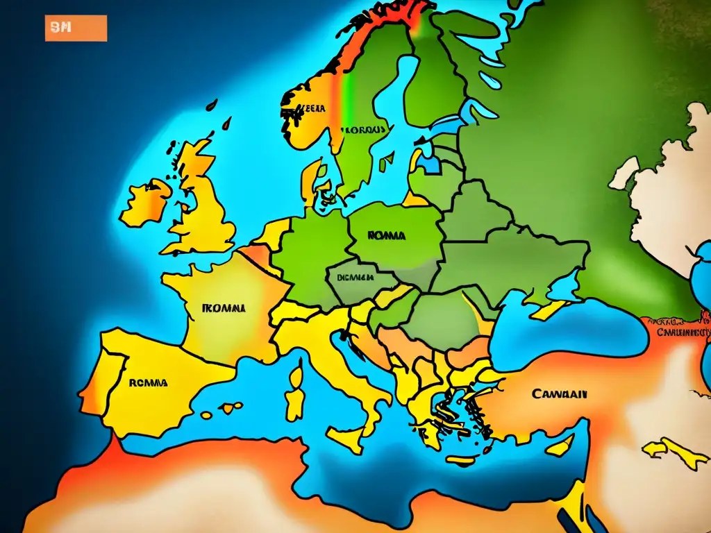 Mapa vintage detallado de Europa con rutas de movimientos históricos de personas gitanas, mostrando orígenes de apellidos gitano en Europa