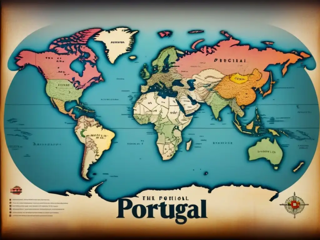 Mapa vintage detallado con rutas migratorias y sellos antiguos, evocando historias de migración y apellidos portugueses