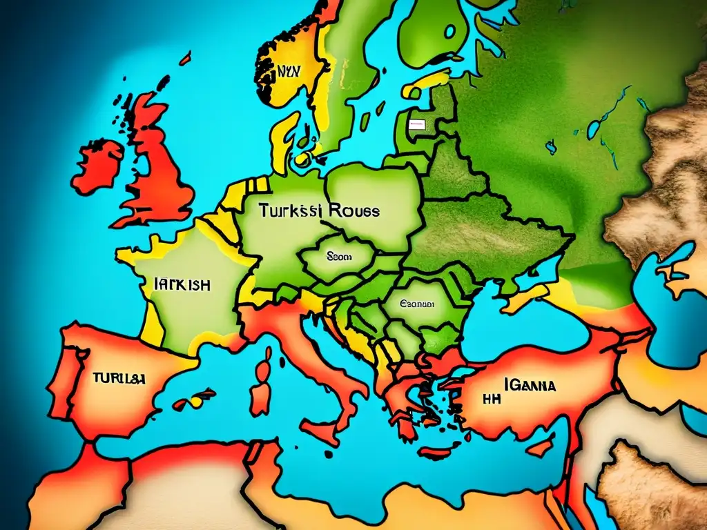 Mapa vintage detallado en 8k de rutas migratorias de apellidos turcos en Europa, con fronteras terrestres, rutas marítimas y ciudades clave marcadas