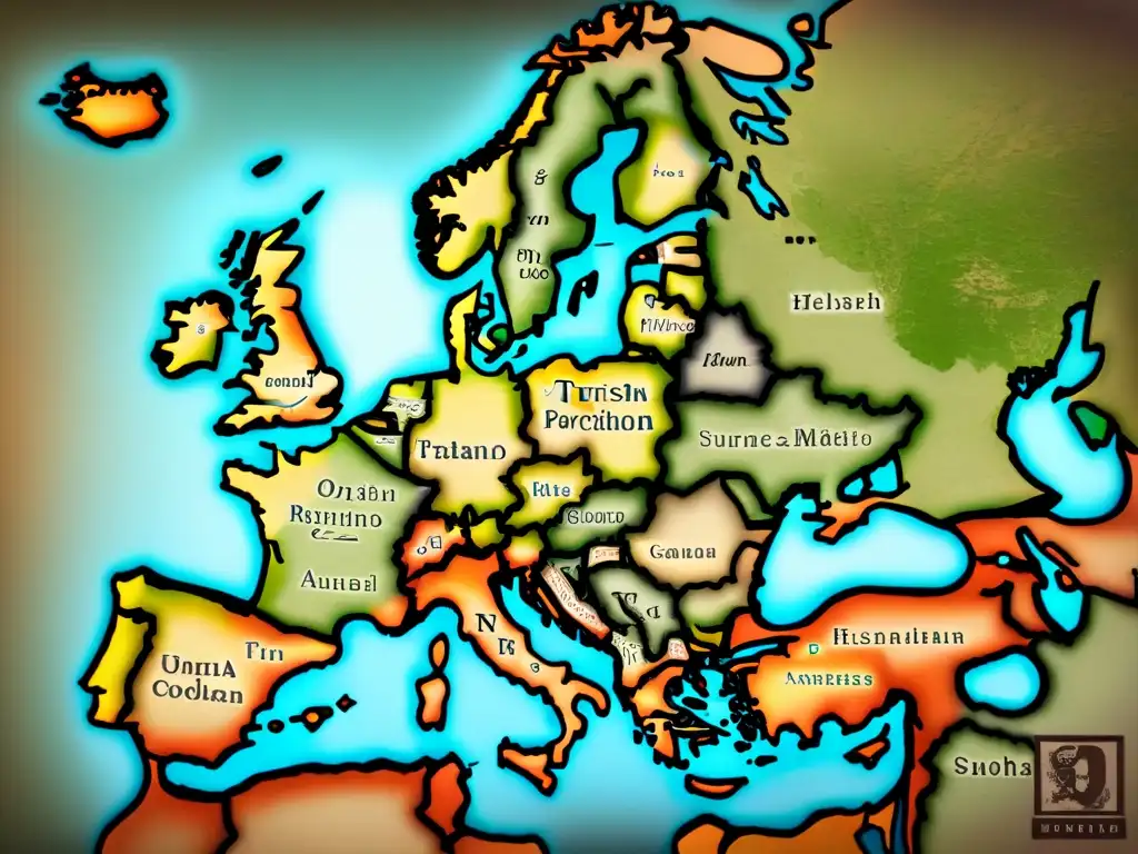 Mapa vintage detallado de rutas de migración de apellidos turcos en Europa, con tonos sepia, rosa de los vientos y caligrafía delicada