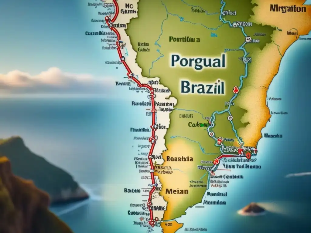 Mapa vintage detallado de Portugal y Brasil, mostrando rutas migratorias de familias portuguesas a Brasil a lo largo de los siglos