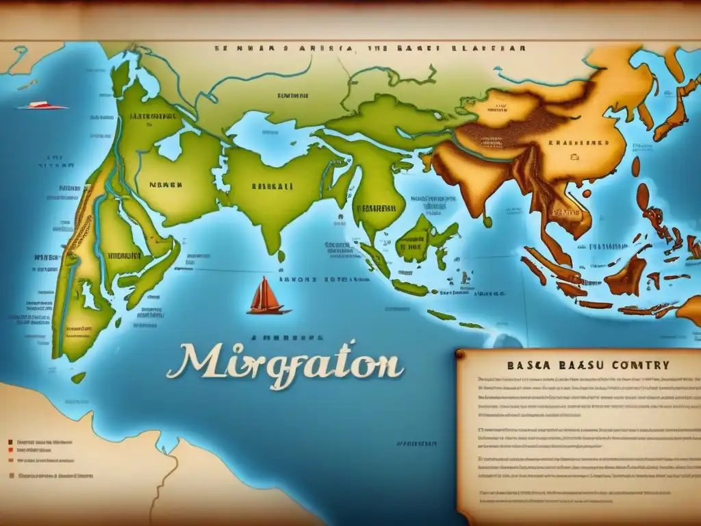 Mapa vintage detallado de rutas de migración desde el País Vasco a América, con ilustraciones de barcos y puntos destacados en tonos terrosos