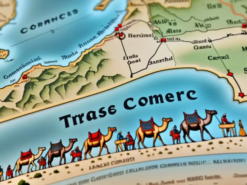 Mapa vintage detallado de rutas comerciales transaharianas con caravanas de camellos, evocando historia y descubrimiento