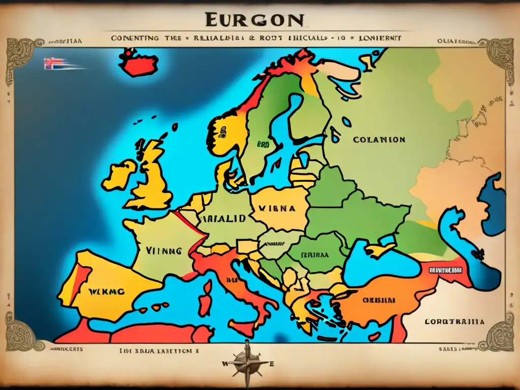 Mapa vintage detallado de Europa con rutas migratorias vikingas y apellidos nórdicos