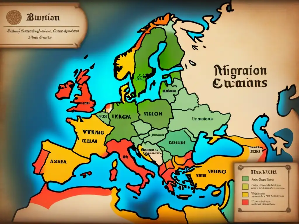 Mapa vintage detallado de Europa con rutas de migración vikingas y escudos de apellidos nórdicos