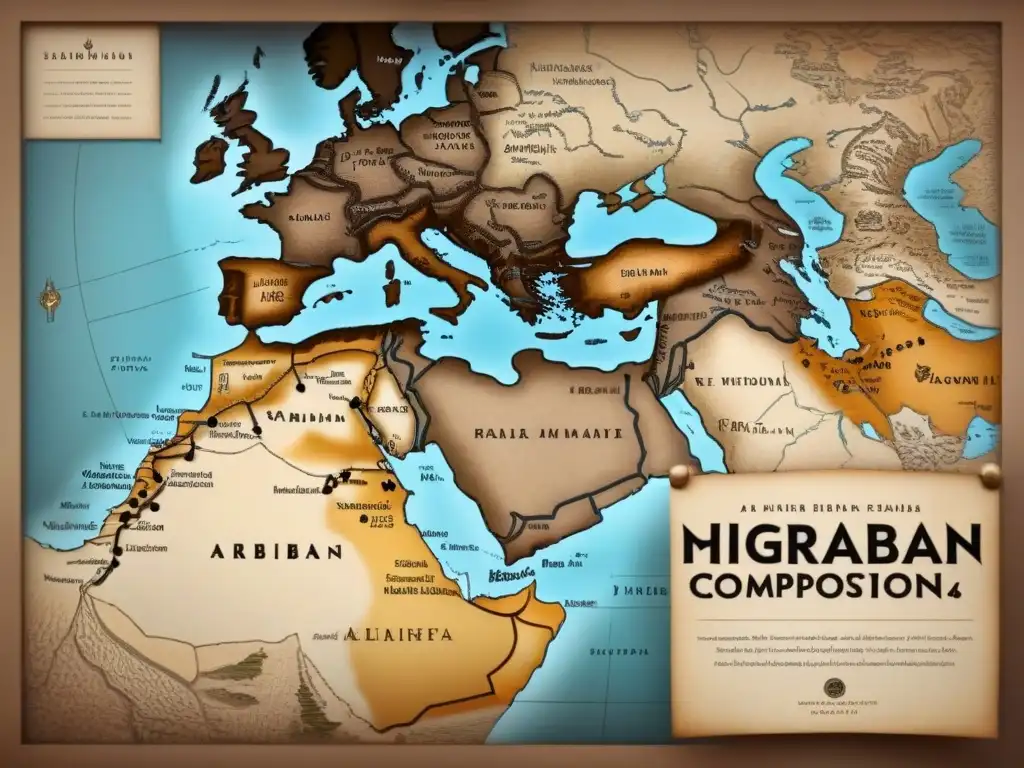 Mapa vintage detallado de rutas migratorias árabes en apellidos con 'I'