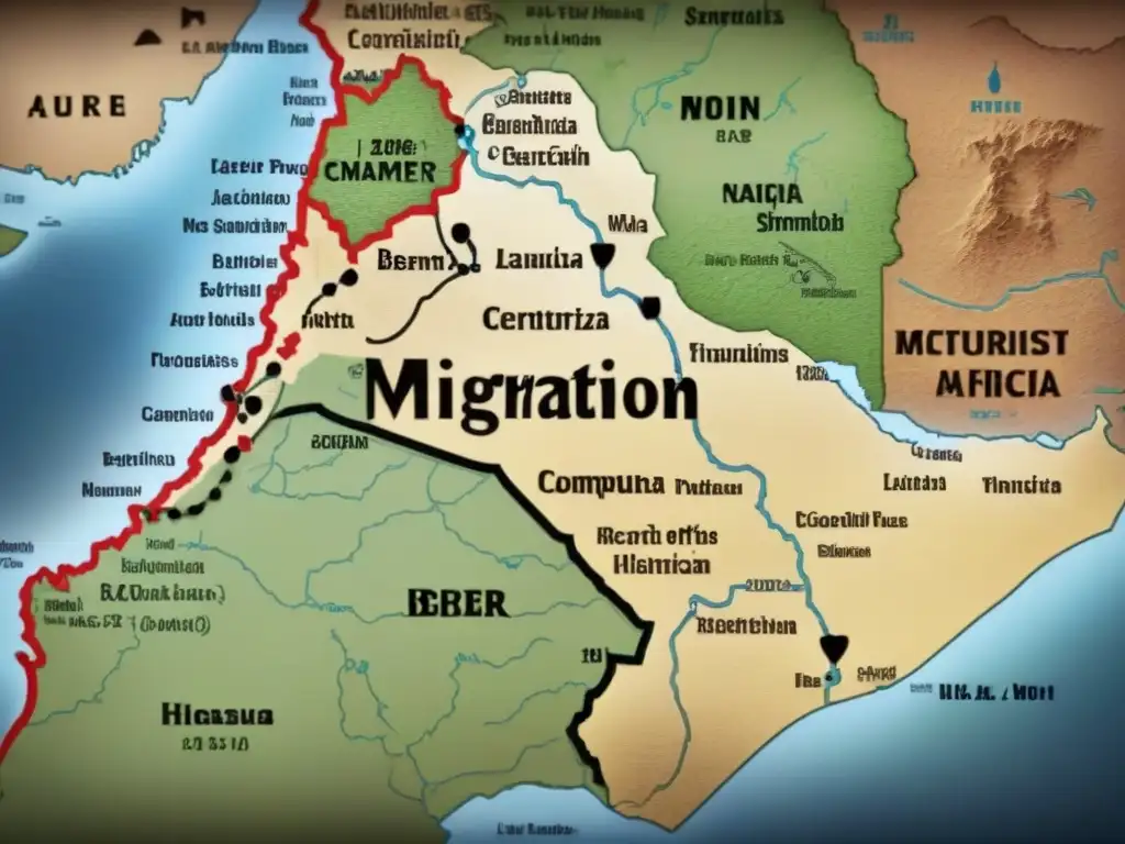 Mapa vintage detallado de rutas migratorias de tribus beréberes en África del Norte, con símbolos tradicionales entrelazados en el paisaje