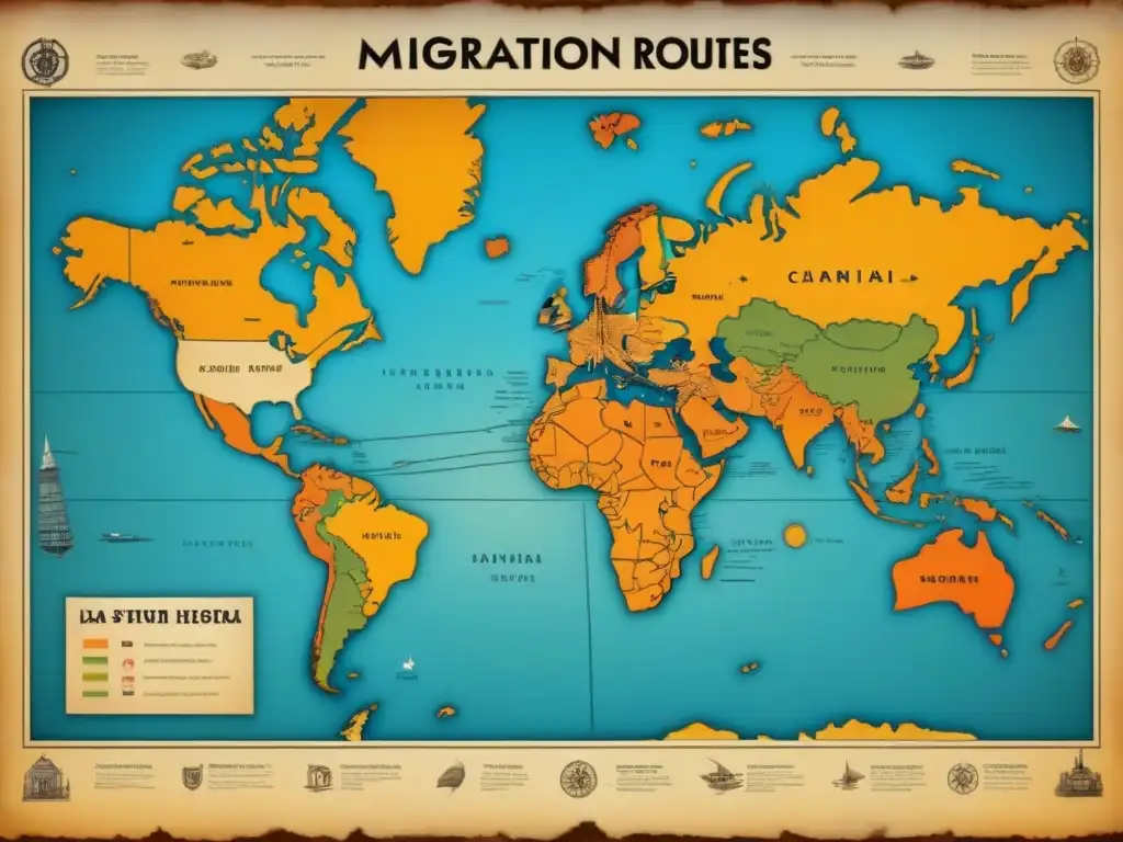 Un mapa vintage detallado de rutas migratorias desde Haití, con barcos, líneas punteadas y símbolos de paradas clave