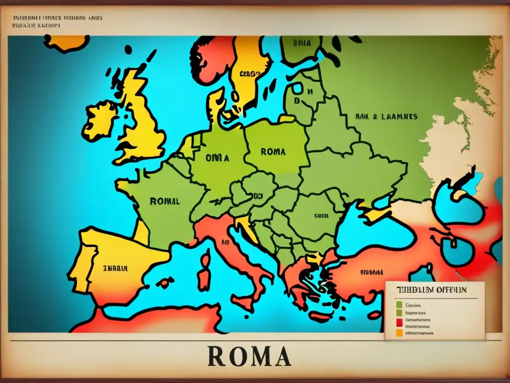 Mapa vintage detallado de rutas migratorias de los Roma en Europa, con carromatos y símbolos culturales