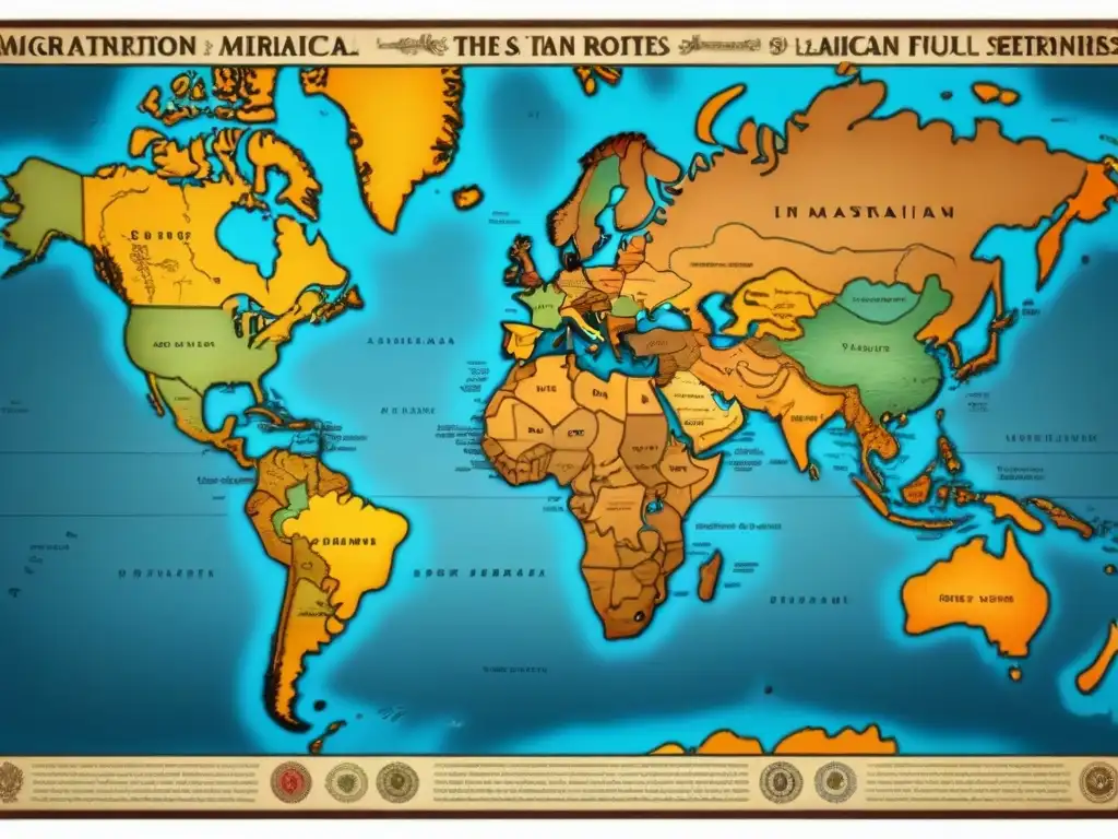 Un mapa vintage detallado de las rutas migratorias de los primeros colonos latinoamericanos, destacando la evolución de los apellidos