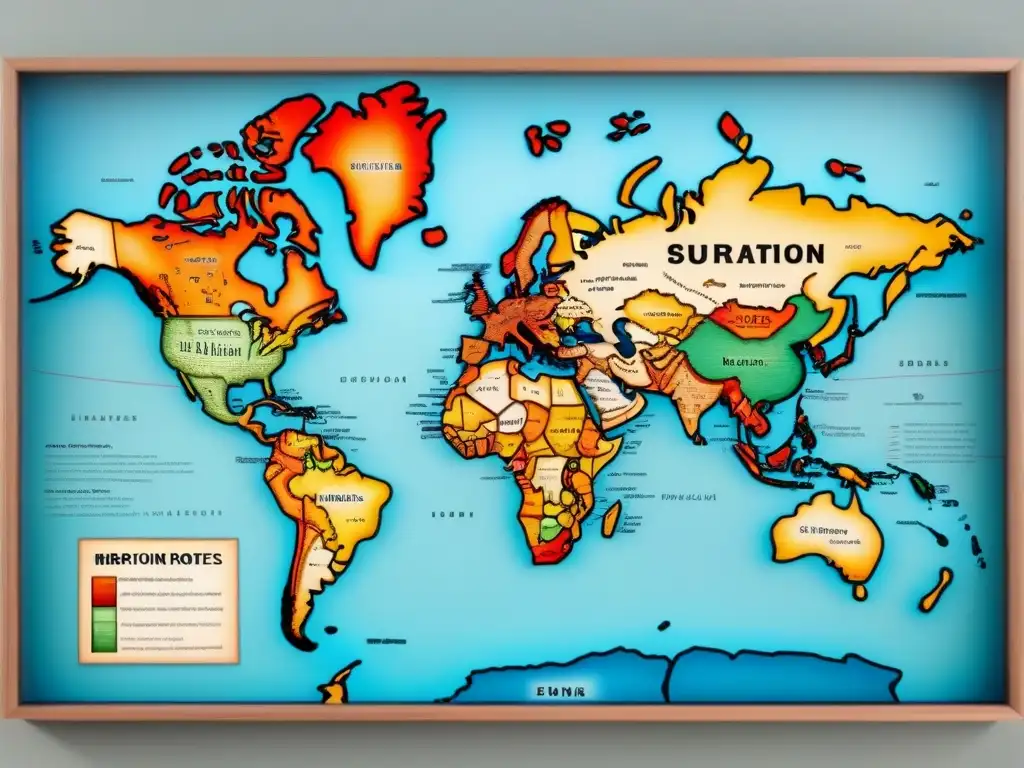 Mapa vintage detallado de rutas migratorias y evolución de apellidos a través de adaptaciones lingüísticas