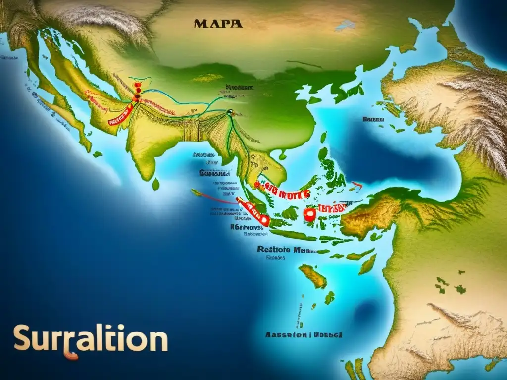 Un mapa vintage detallado que muestra rutas migratorias con apellidos entrelazados, resaltando la resiliencia lingüística de las comunidades migrantes