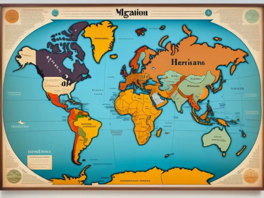 Mapa vintage detallado de rutas de migración de apellidos ancestrales, con marcas de tinta desvaídas