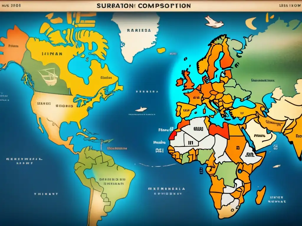 Mapa vintage detallado de rutas de migración de apellidos con 'I', con ilustraciones culturales y barcos, envejecido y encantador