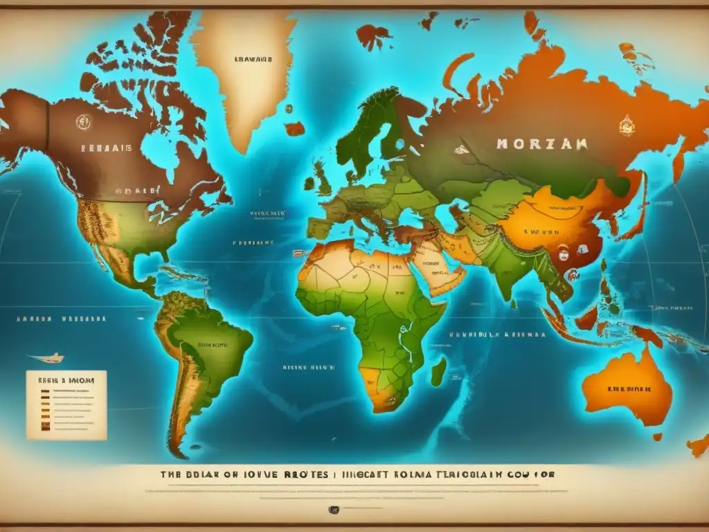 Mapa vintage detallado de rutas migratorias con símbolos culturales Mapa vintage detallado de rutas migratorias de grupos inmigrantes, con símbolos culturales y evolución de apellidos por inmigración