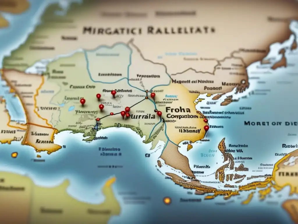 Mapa vintage detallado en 8k de rutas migratorias de grupos culturales, resaltando la diversidad lingüística de apellidos en diferentes regiones