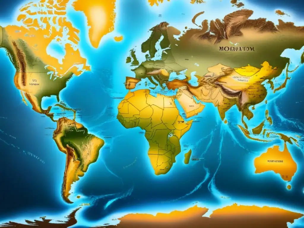 Mapa vintage detallado de rutas migratorias de culturas, con caligrafía desvanecida y paleta de colores envejecidos, evocando historia y movimiento