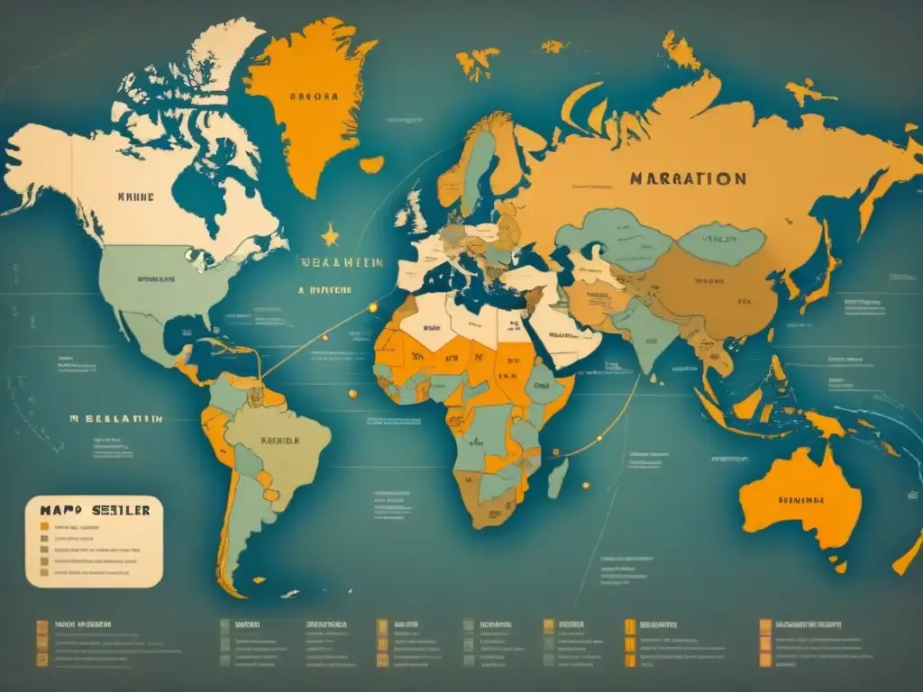 Mapa vintage detallado de rutas de migración de colonizadores con evolución fonética de apellidos