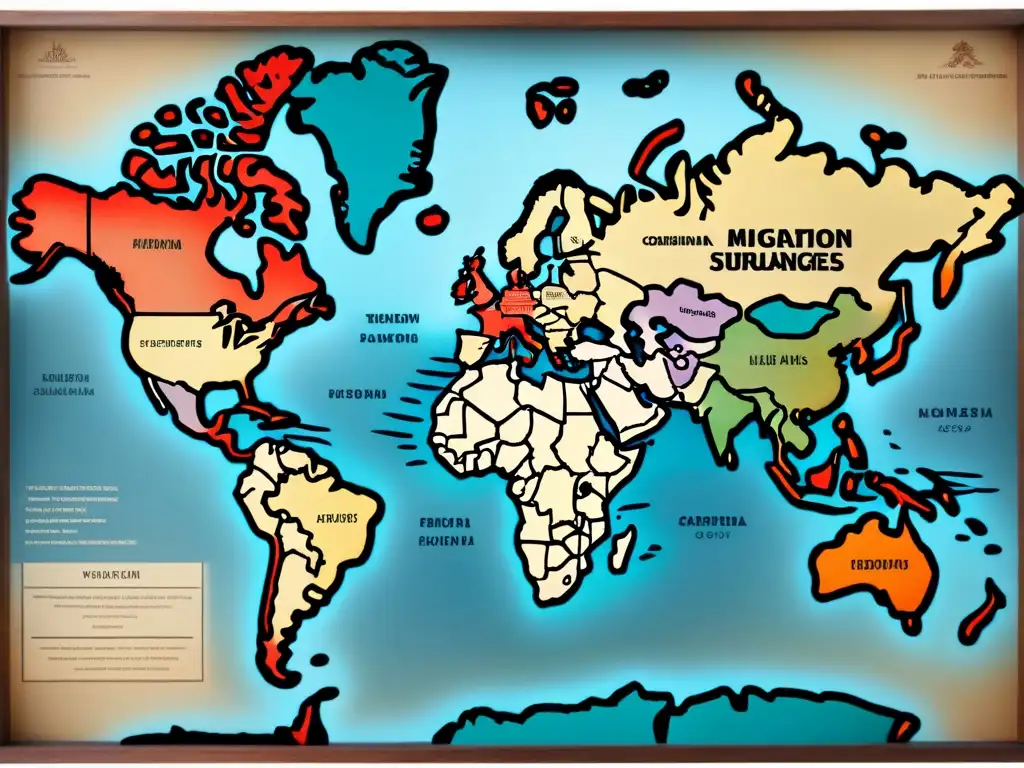 Un mapa vintage detallado con rutas migratorias y adaptación cultural de apellidos a lo largo de los continentes