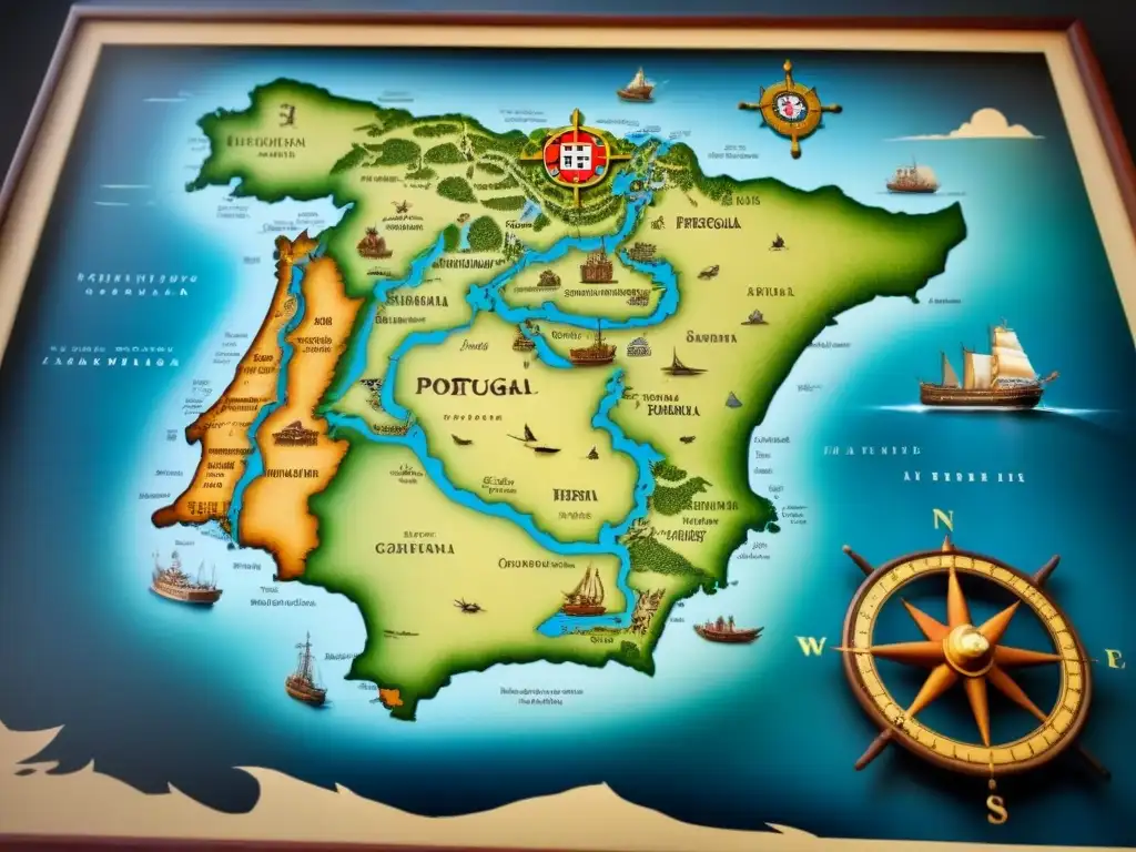 Mapa vintage detallado de Portugal con rutas marítimas y barcos, decorado con elementos históricos