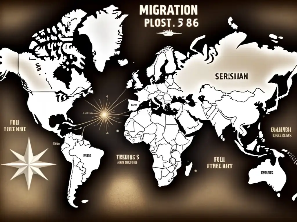 Mapa vintage detallado de rutas migratorias de apellidos, evocando historia y genealogía