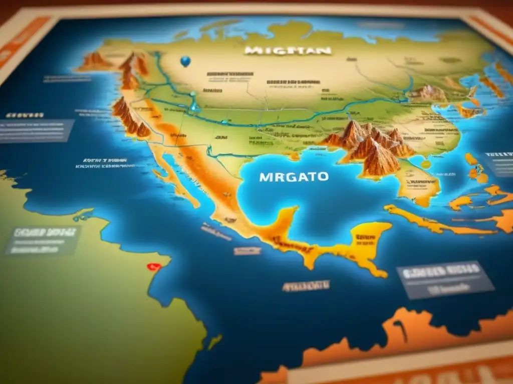 Mapa vintage detallado de rutas migratorias de colonizadores con símbolos culturales, historia apellidos migración evolución linajes