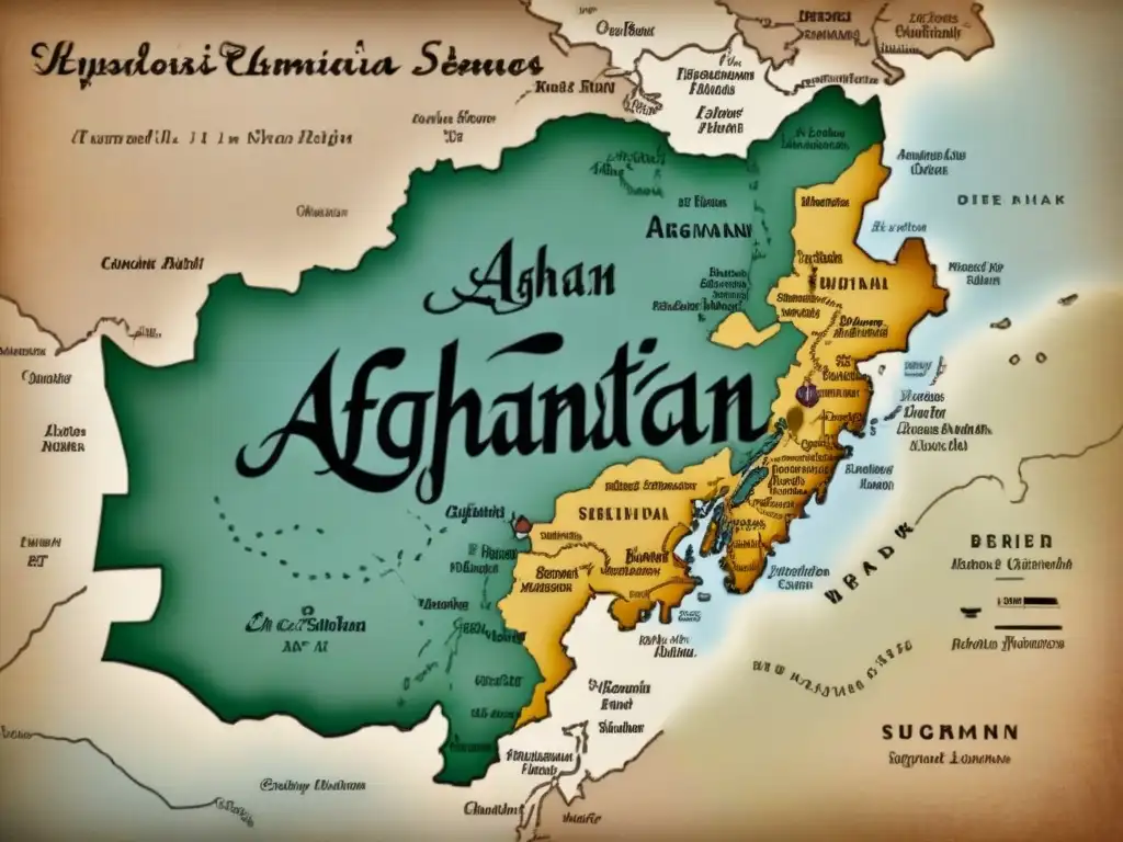 Mapa vintage detallado de Afganistán con script calligráfico de apellidos tradicionales y sus orígenes históricos