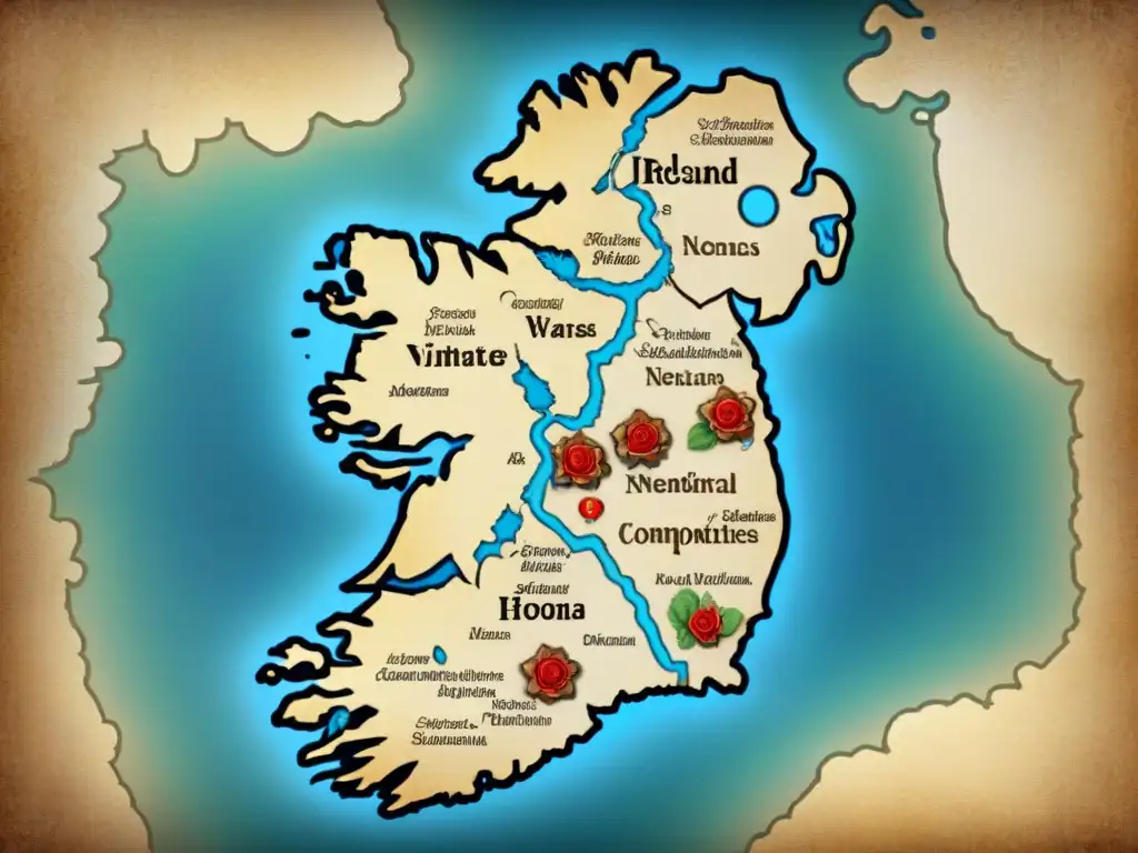 Mapa vintage detallado de Irlanda del siglo XVIII con tonos sepia, caligrafía delicada y ornamentos marinos