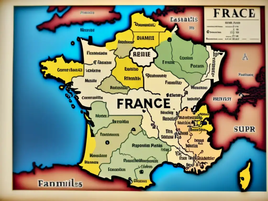 Mapa vintage detallado de Francia del siglo XVIII con ilustraciones de escudos nobles