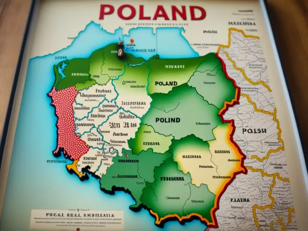 Mapa vintage detallado de Polonia del siglo XIX, con fronteras ornamentadas y colores envejecidos