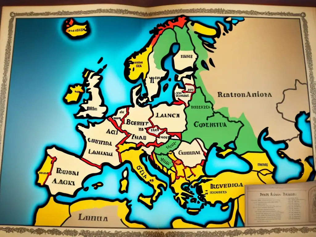 Mapa vintage detallado de Europa del siglo XVIII, con bordes y ciudades marcadas en sepia