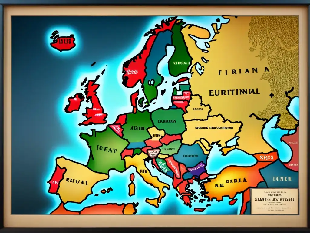 Mapa vintage detallado de Europa del siglo XVIII, con fronteras de países y ciudades en caligrafía ornamental