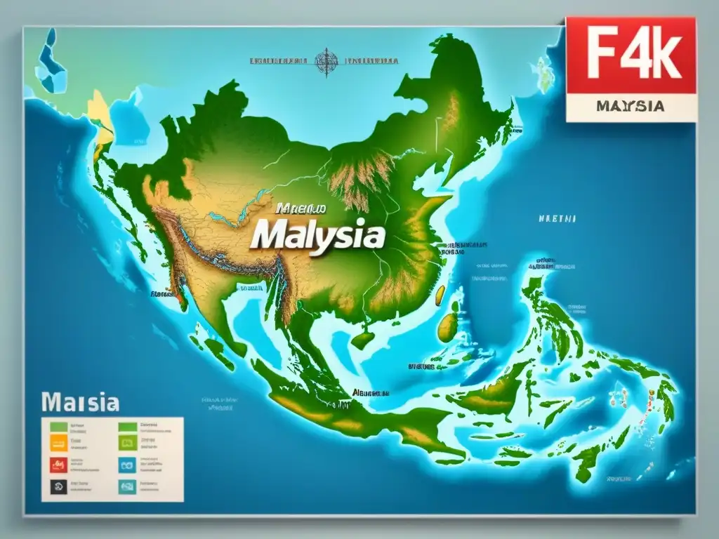 Mapa vintage detallado de Malasia con símbolos malayos tradicionales, mostrando la evolución de apellidos y culturas