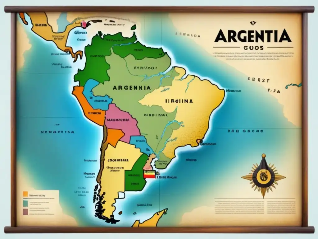 Mapa vintage detallado de Argentina con símbolos culturales tradicionales, evocando historia y riqueza cultural de Argentina