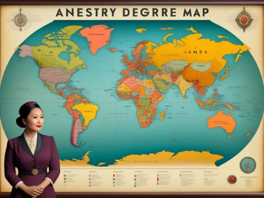 Mapa vintage detallado con símbolos culturales y paisajes, representando la diversidad de genealogías por países raíces culturas