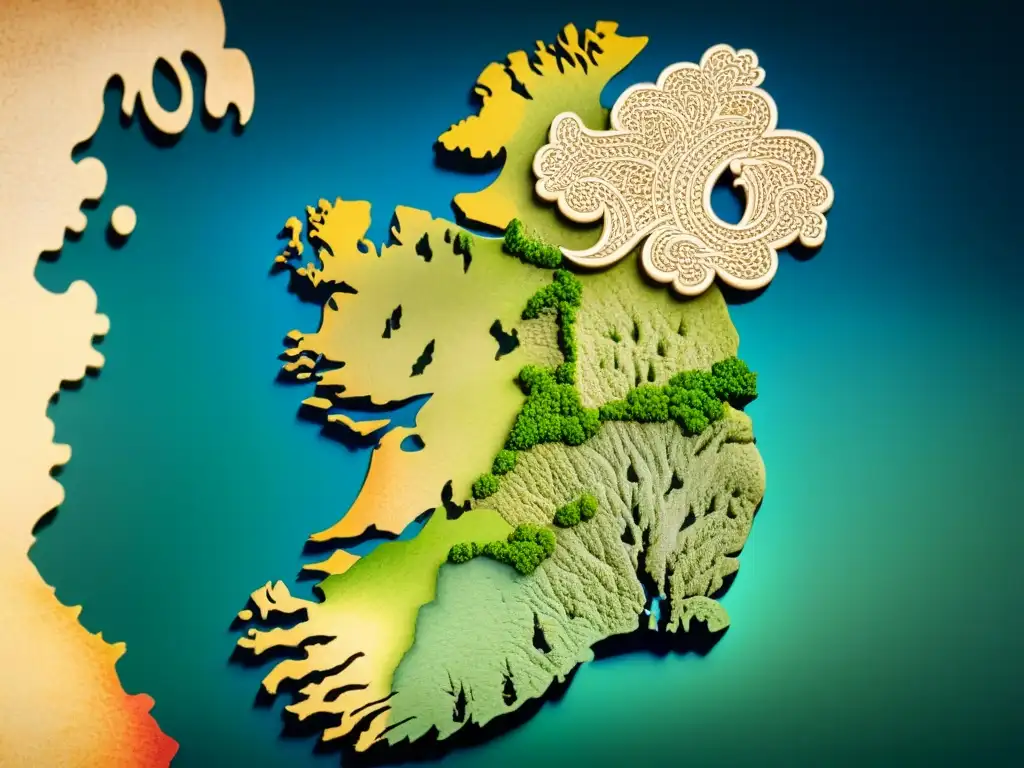 Mapa vintage detallado de Irlanda con símbolos celtas envejecidos y la conexión ancestral entre apellidos irlandeses y la herencia celta