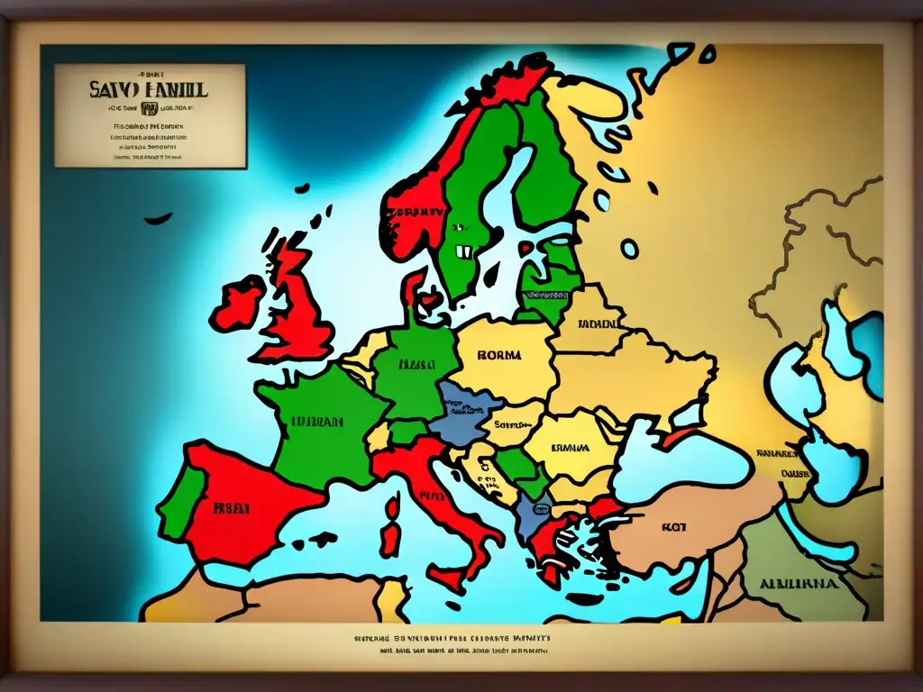 Mapa vintage detallado de Europa, mostrando la expansión territorial de la familia Savoy a lo largo de los siglos