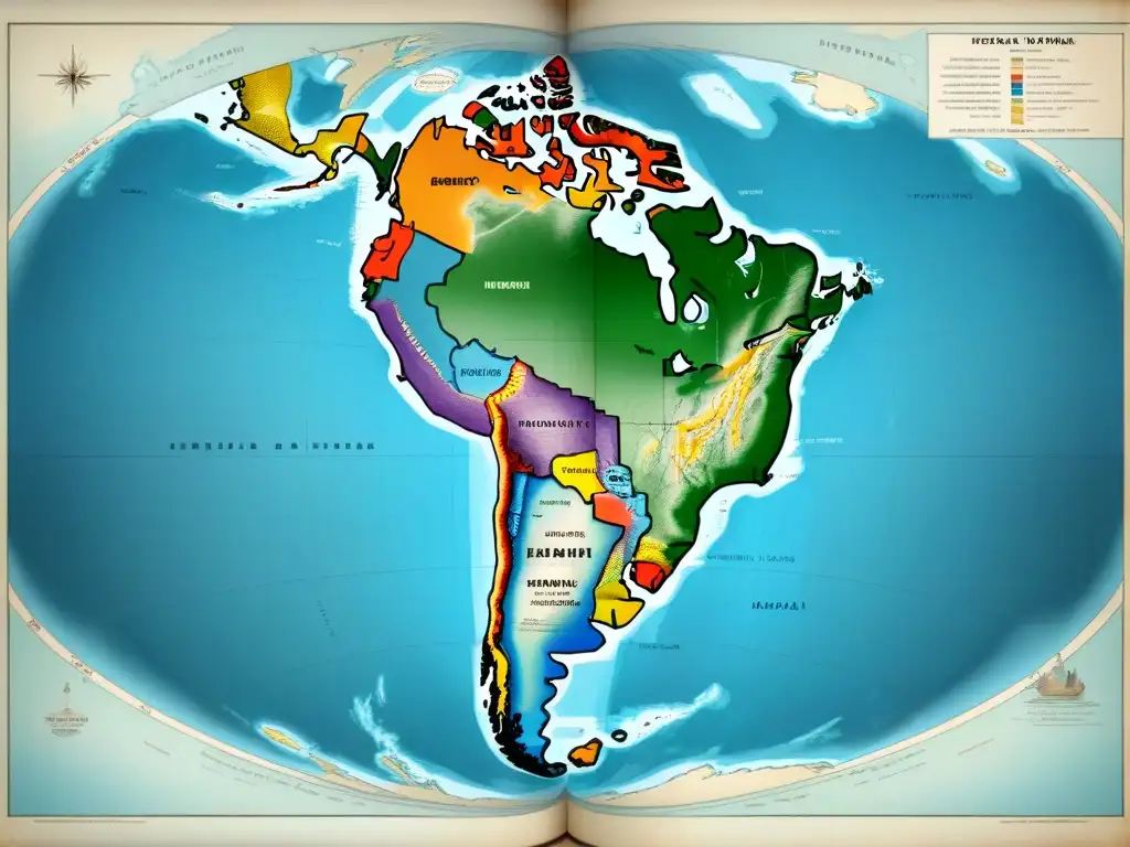 Mapa vintage detallado de América, resaltando territorios e indígenas con colores desvanecidos