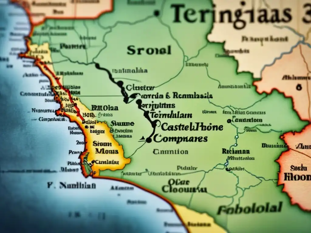 Un mapa vintage detallado de los territorios castellanos con bordes desgastados y caligrafía elegante, resaltando hitos históricos