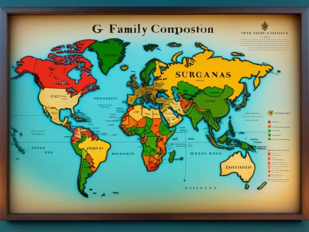 Mapa vintage detallado de tierra ficticia con escudos familiares de apellidos que empiezan con G, rodeado de símbolos místicos y escritura antigua