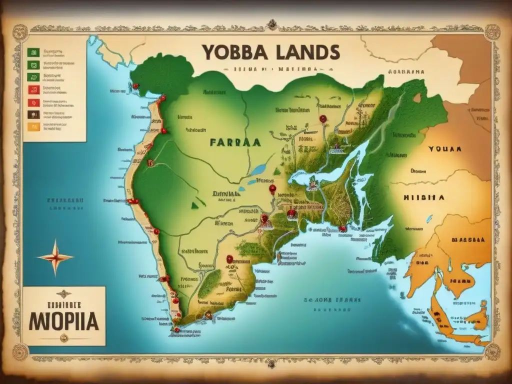 Mapa vintage detallado de tierras Yoruba, con fronteras, pueblos tradicionales y nombres de familia yoruba