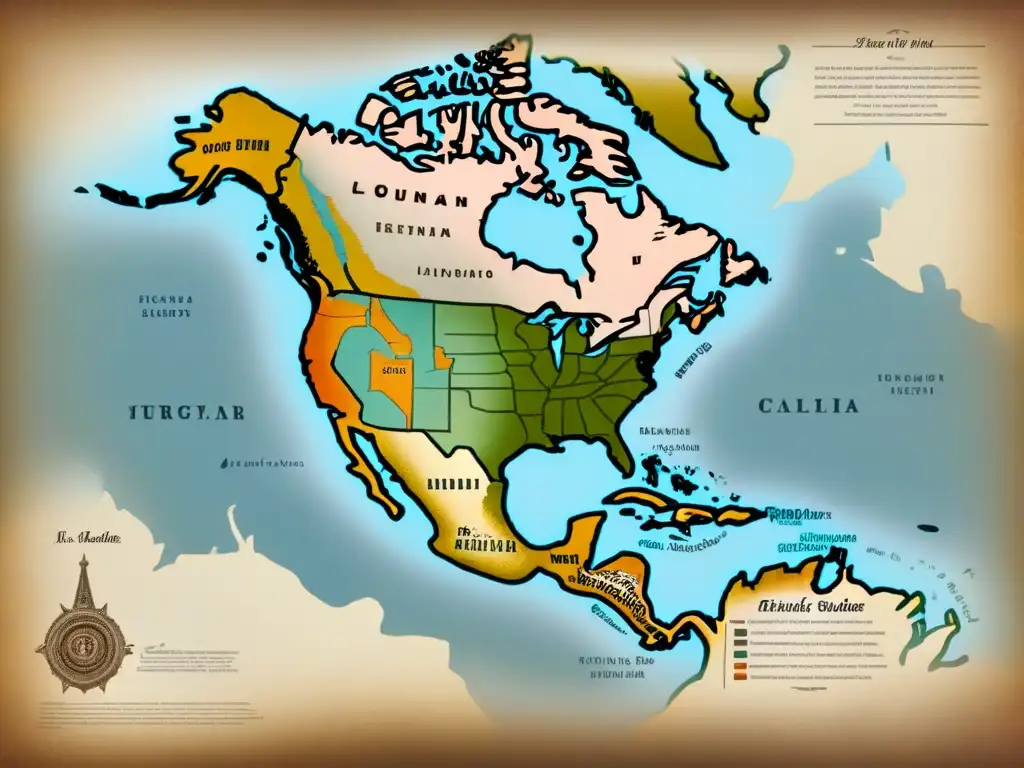 Mapa vintage detallado de América con tonos sepia, fronteras, ciudades y lugares históricos