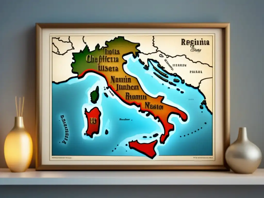 Mapa vintage detallado de Italia, con tonos sepia y bordes dorados, perfecto para investigar historia apellidos italianos